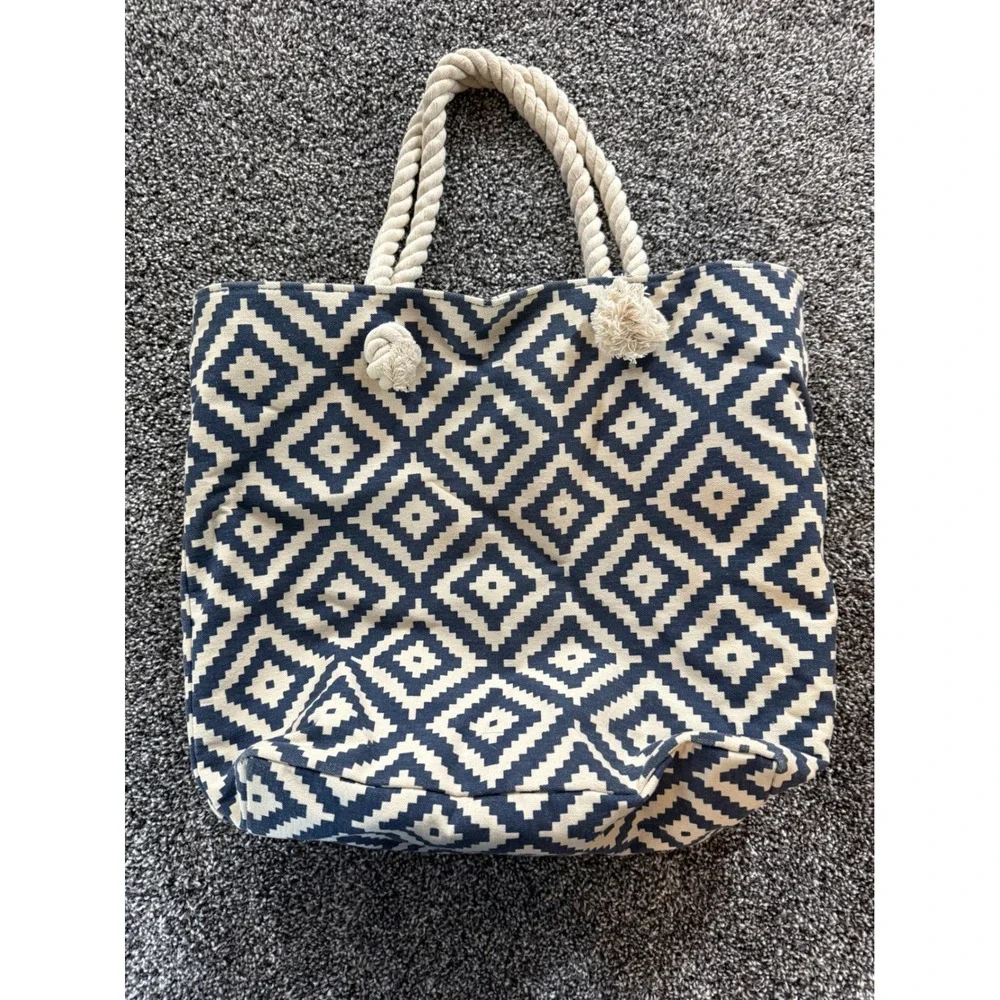 Summer & Rose Canvas Tote Bag Navy Blue White Geometric Diamond Rope Handle